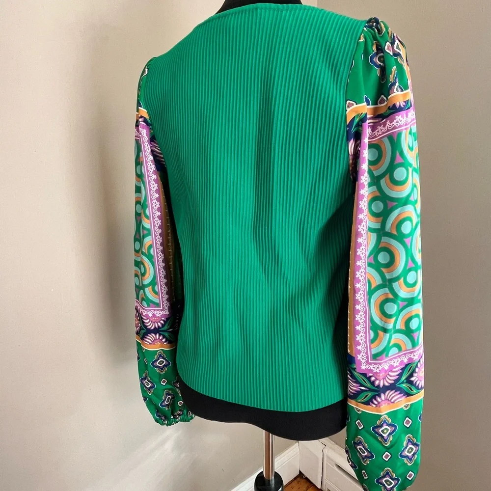 Bailey 44 Green Ribbed Knit Boho Satin Ballon Sleeves Top sz XL - Picture 6 of 12